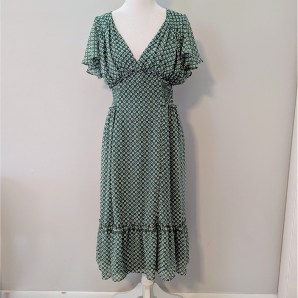 Green Floral Wrap Midi Dress